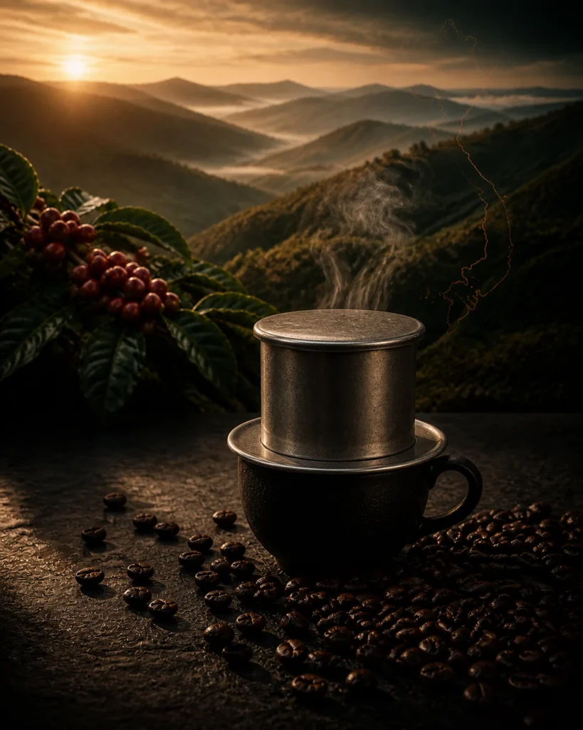 Vietnamese phin brewing coffee above the highlands