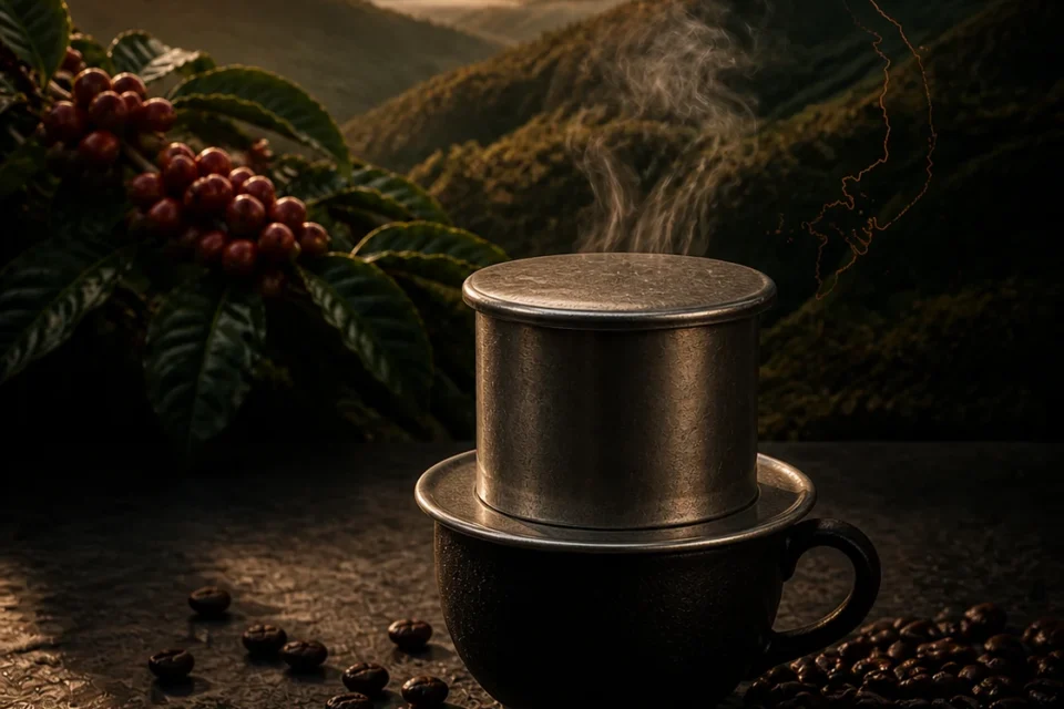 Vietnamese phin brewing coffee above the highlands