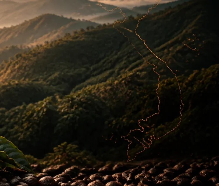 Vietnamese coffee highlands at sunrise