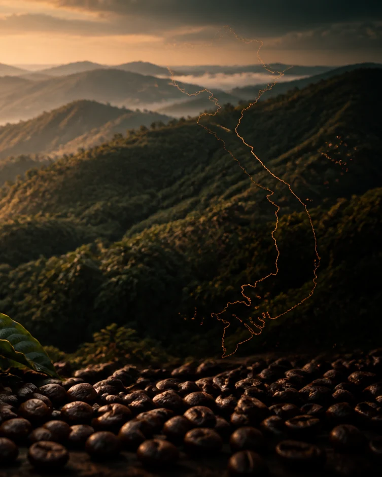 Vietnamese coffee highlands at sunrise
