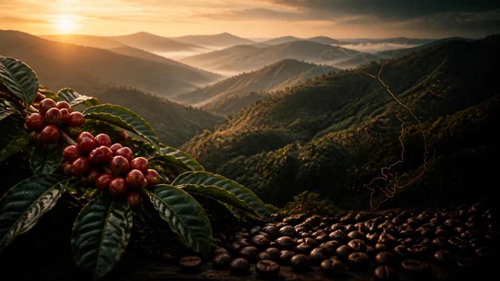 Sunrise over Vietnam's coffee highlands with ripe coffee cherries