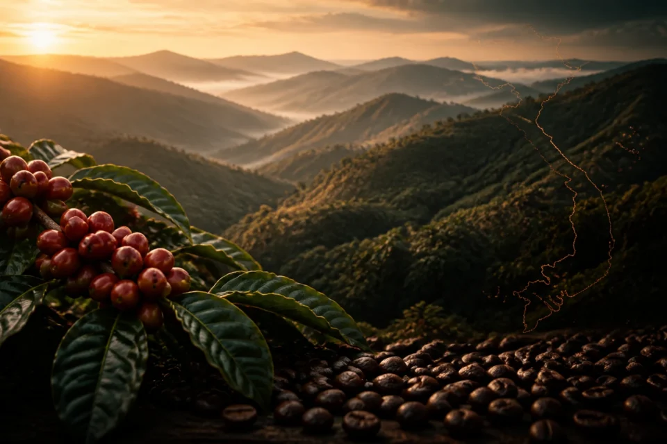 Sunrise over Vietnam's coffee highlands with ripe coffee cherries