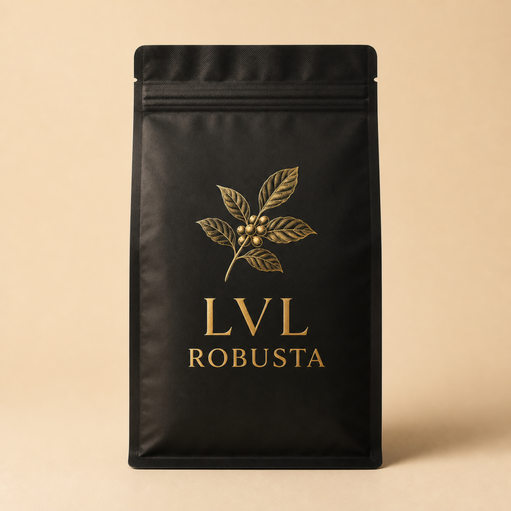 Matte black LVL Robusta coffee bag with gold lettering