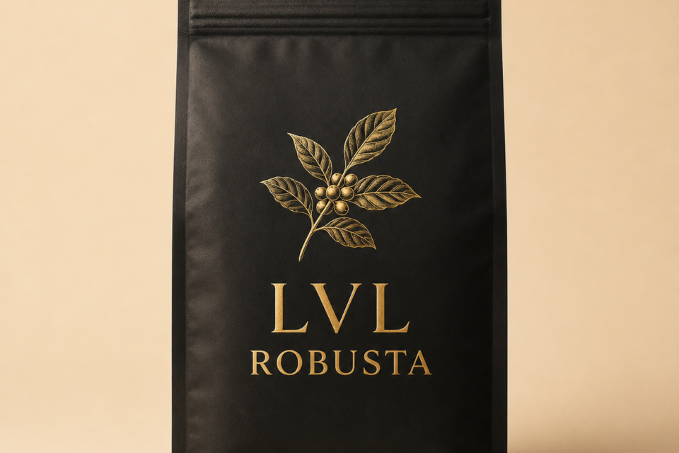 Matte black LVL Robusta coffee bag with gold lettering