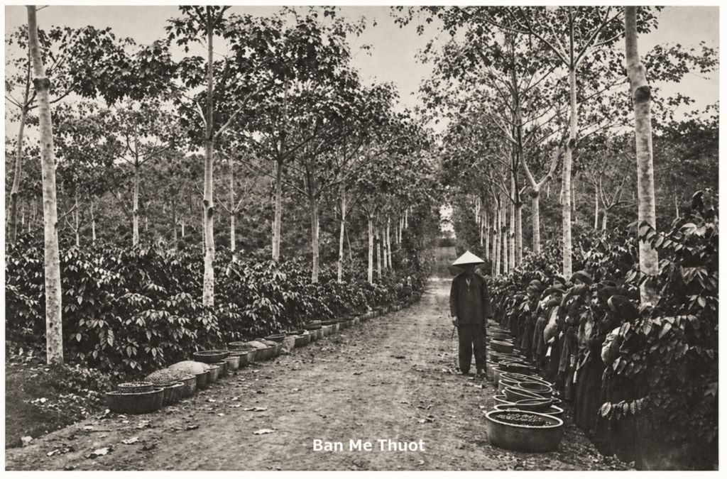 Black-and-white view along the family coffee plantation in Ban Me Thuot.