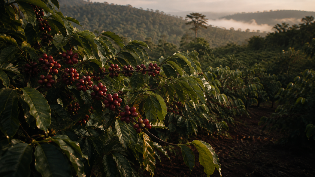 Coffee plants growing across the green highlands of Buon Ma Thuot, Vietnam.