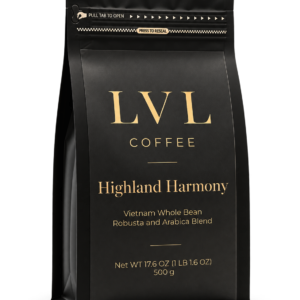 LVL Highland Harmony coffee in the new black-and-gold bag