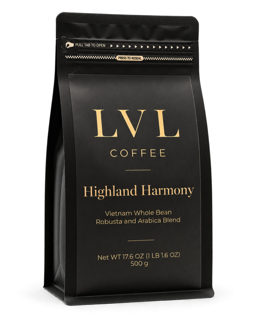 LVL Highland Harmony coffee in the new black-and-gold bag